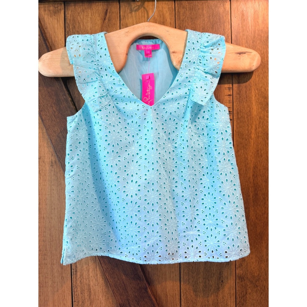 Lilly Pulitzer Lina Eyelet Top Small Surf Blue Neon Sunburst Ruffle V-Neck NWT